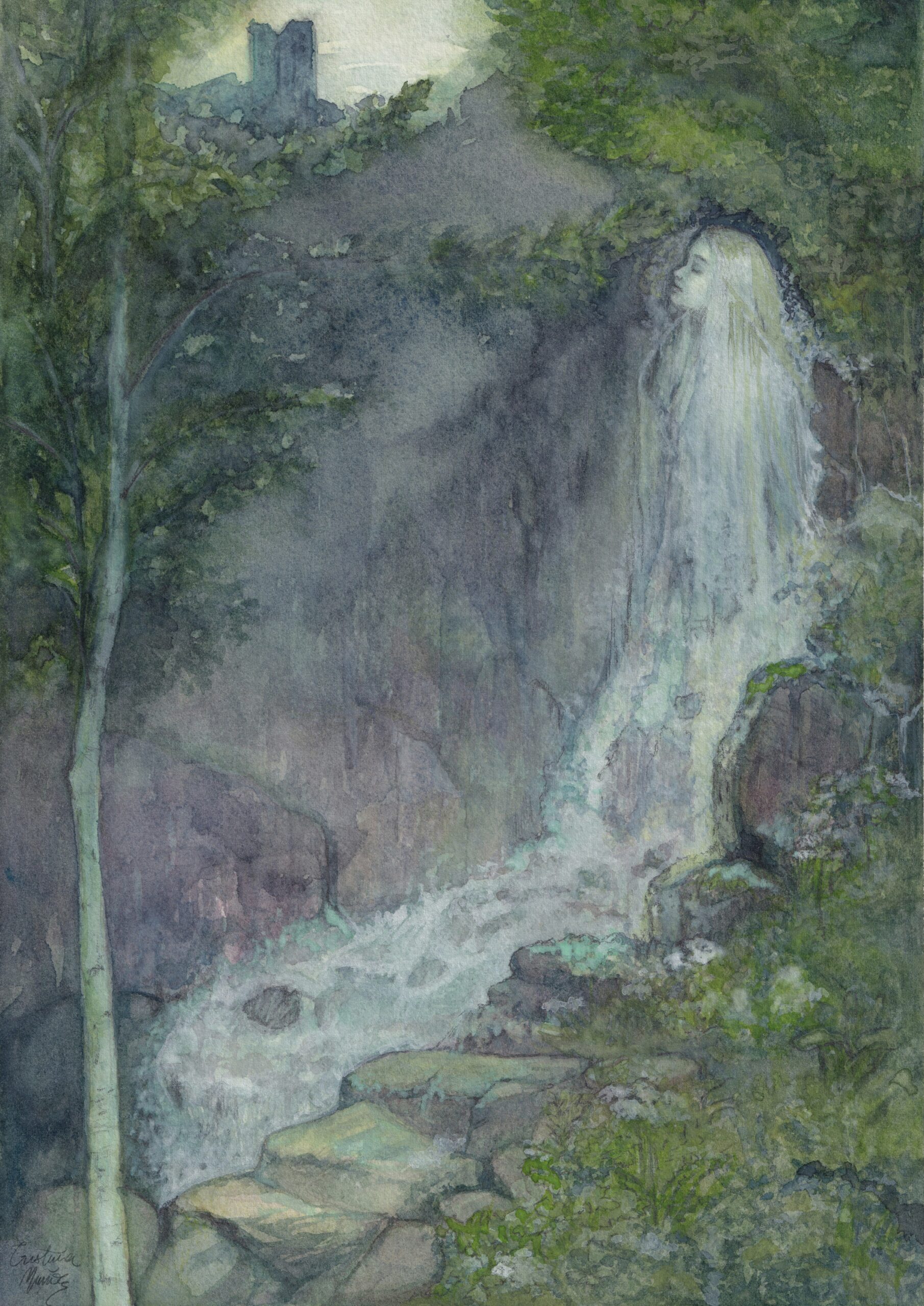 Watercolour painting titled The Nymph of the Nideck Waterfall